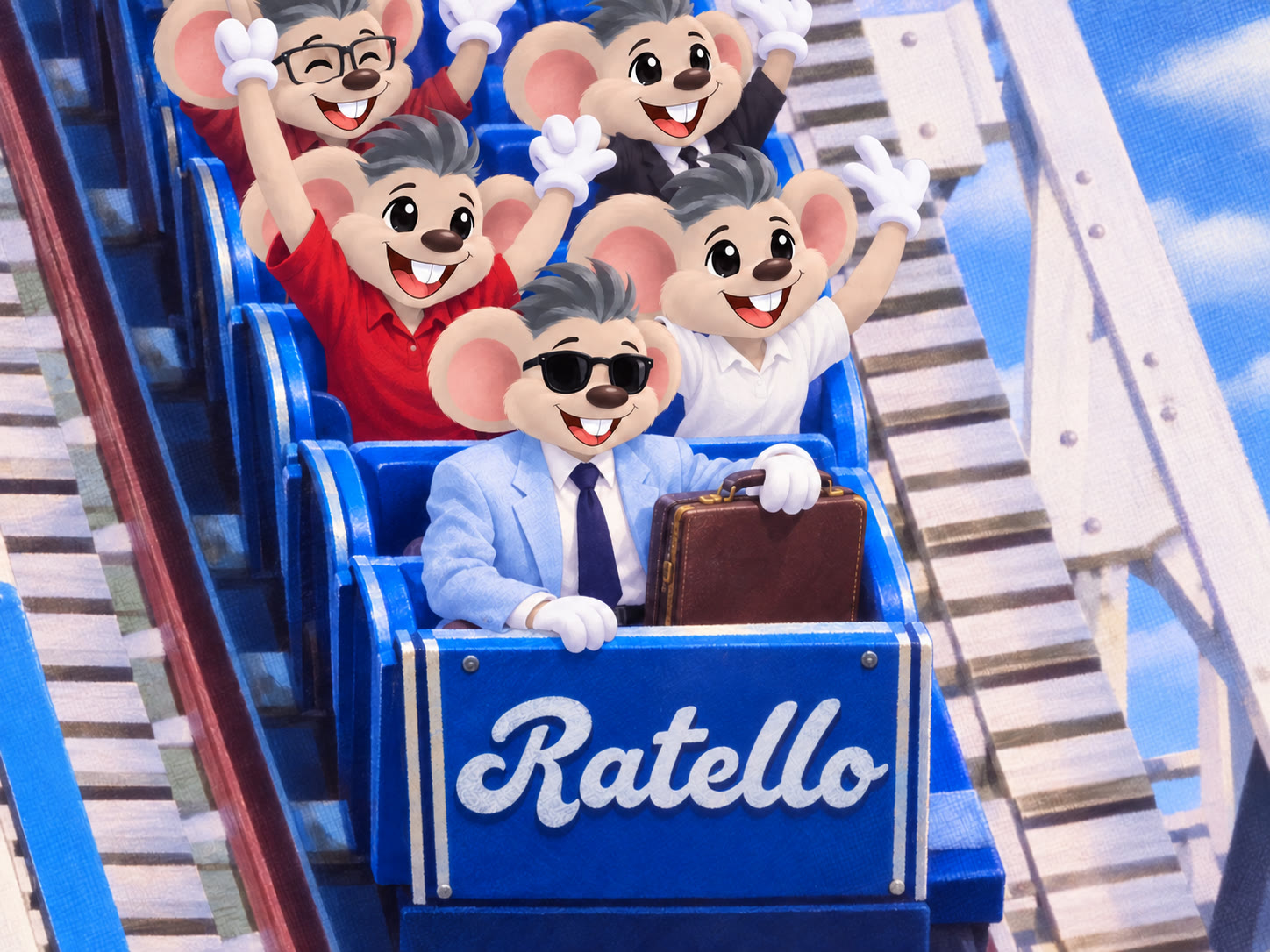 Five Ratello mice riding a blue roller coaster car labelled Ratello, arms raised, the front one in sunglasses holding a briefcase