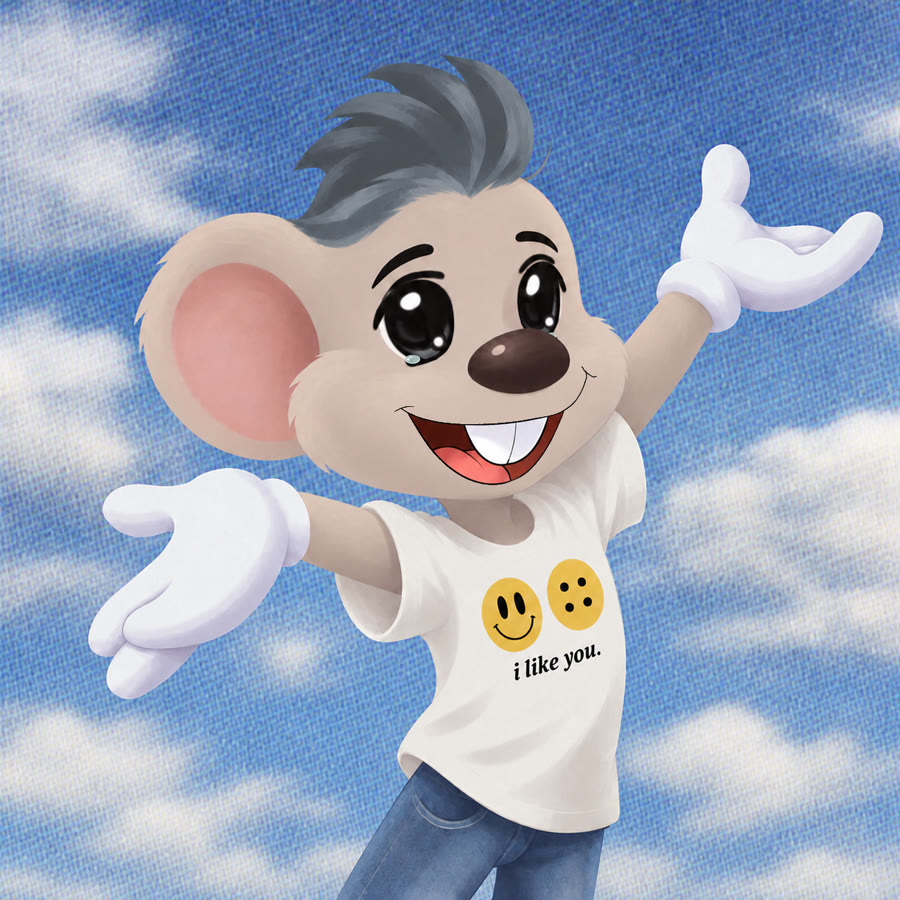 Ratello, a grey-mohawked cartoon mouse in white gloves and an 'i like you' shirt, arms wide open