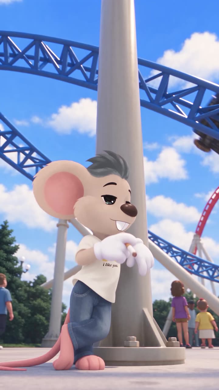 Ratello leaning on a coaster support pillar, relaxed