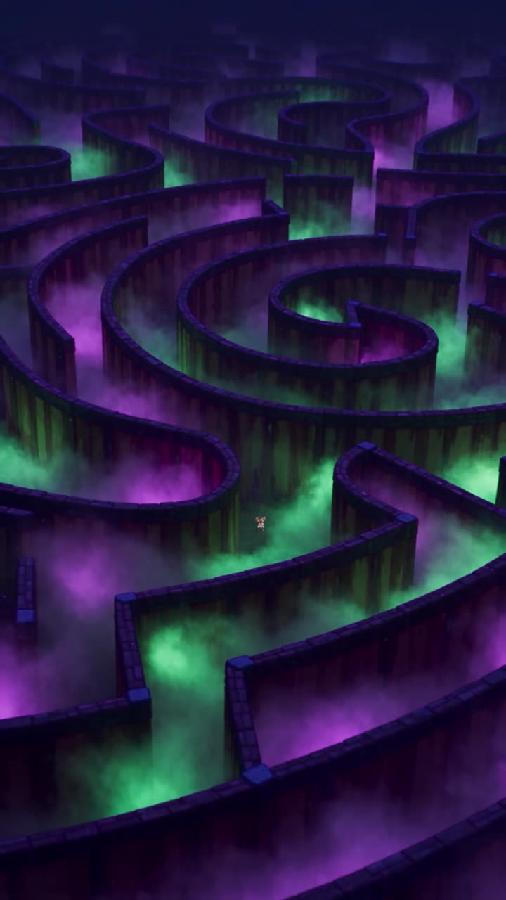 A glowing hedge maze at night seen from above