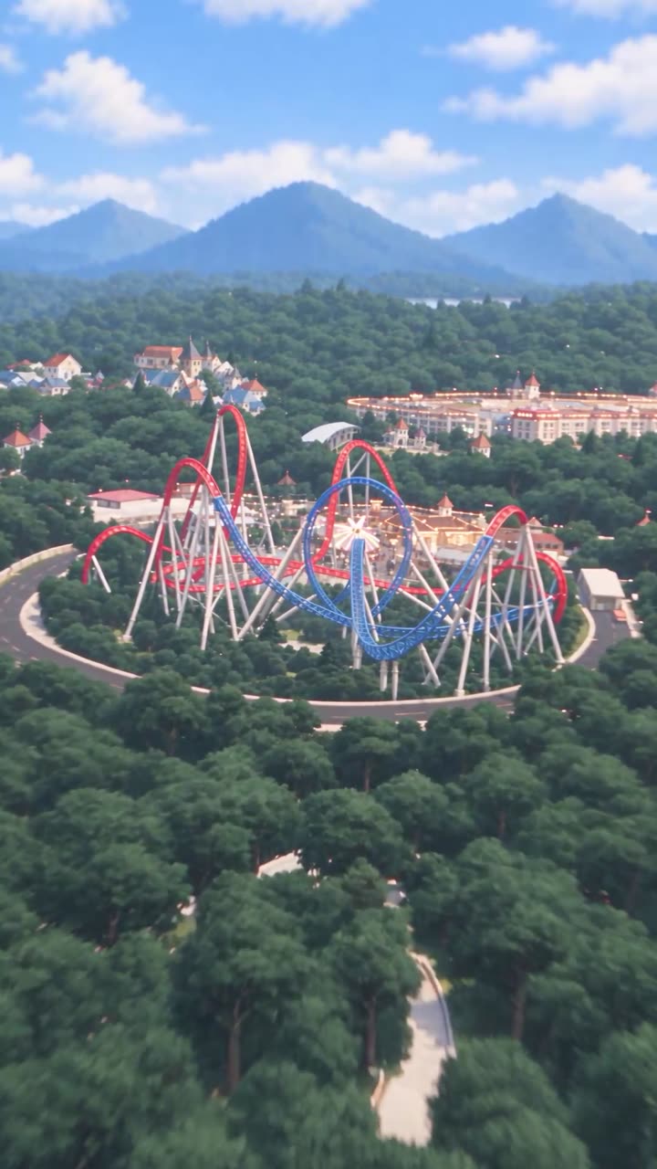Aerial view of a theme park with red and blue coasters in a forest