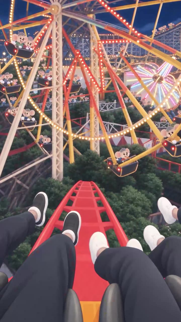 First-person view from the front of a red roller coaster climbing toward a ferris wheel